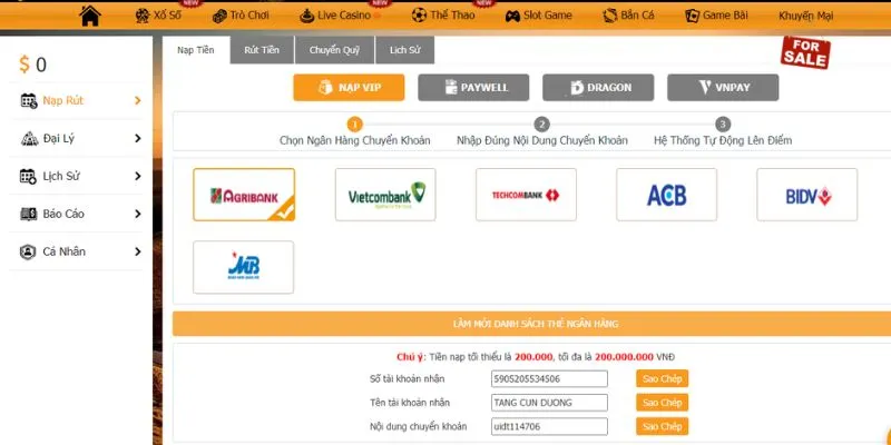 Nạp tiền Dr88 qua ngân hàng 